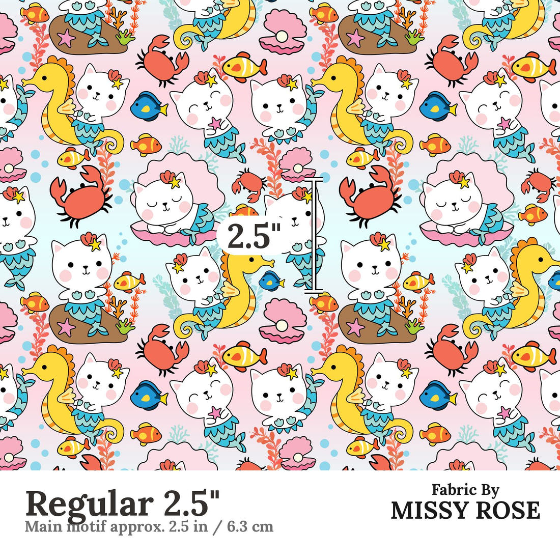 Design 1163 Cute Mermaid Fabric Regular 2.5 inch print scale guide | Fabric by Missy Rose