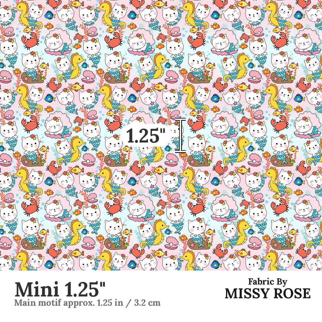 Design 1163 Cute Mermaid Fabric Mini 1.25 inch print scale guide | Fabric by Missy Rose