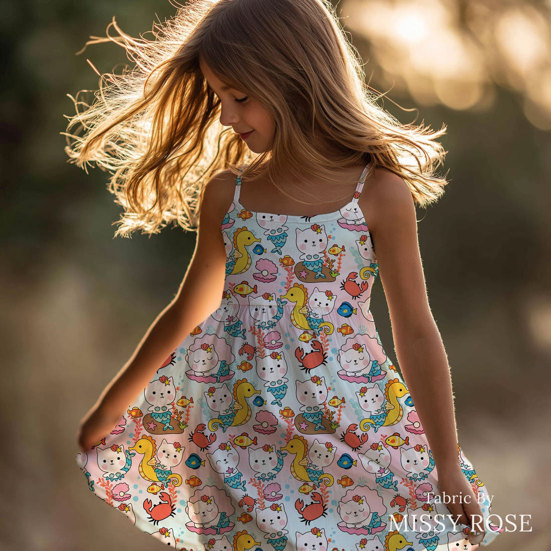 Design 1163 Cute Mermaid Fabric sewn into a girls' dress – see how the print looks made up | Fabric by Missy Rose