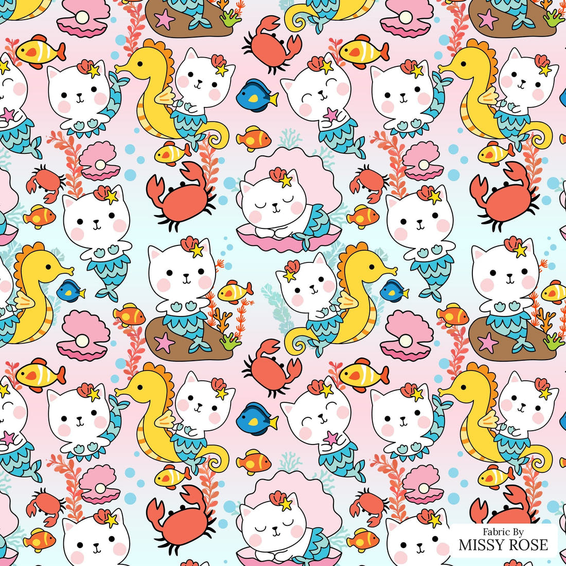 Design 1163 Cute Mermaid Fabric – flat view of the print, zoom in for detail | Fabric by Missy Rose