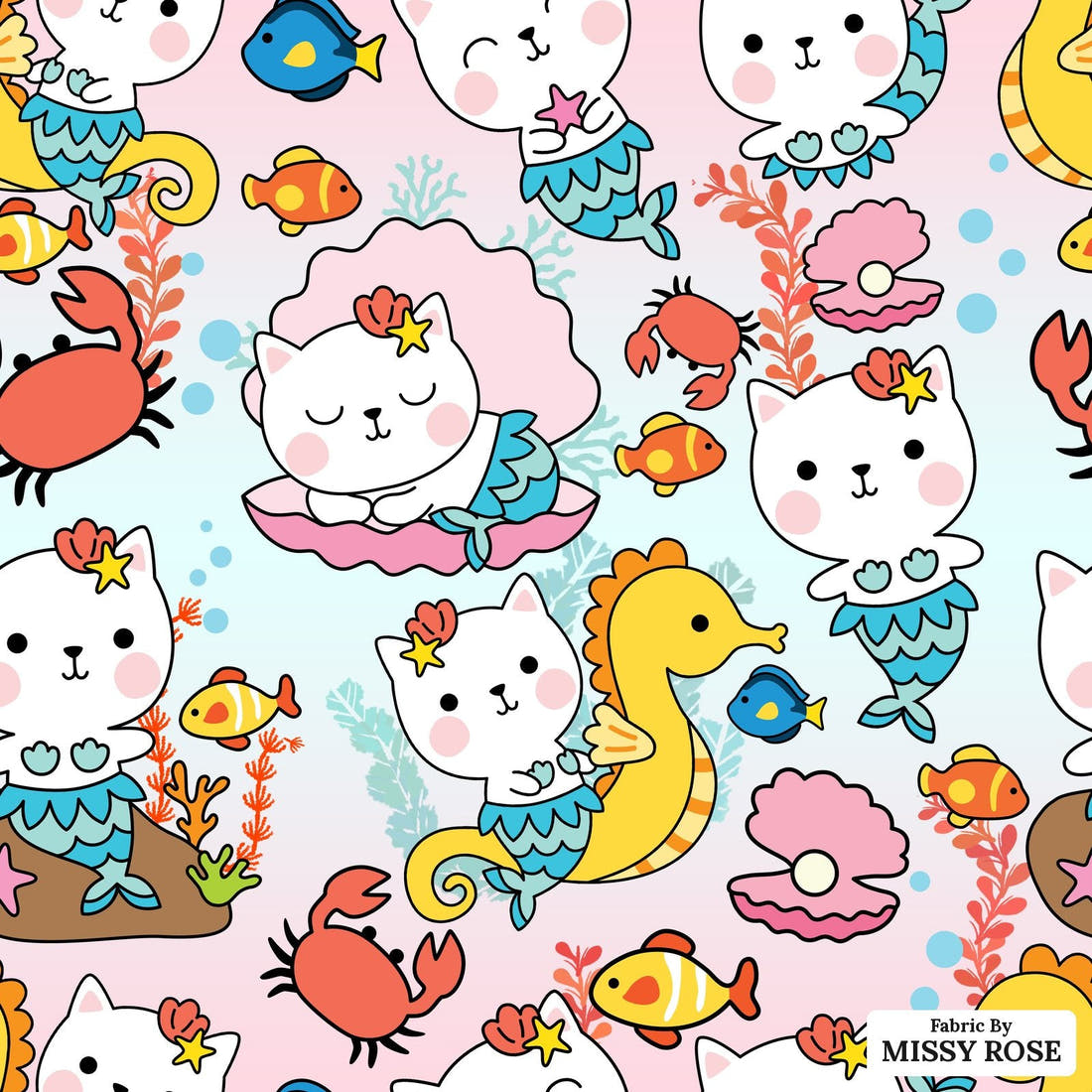 Design 1163 Cute Mermaid Fabric – flat view of the print, zoom in for detail | Fabric by Missy Rose