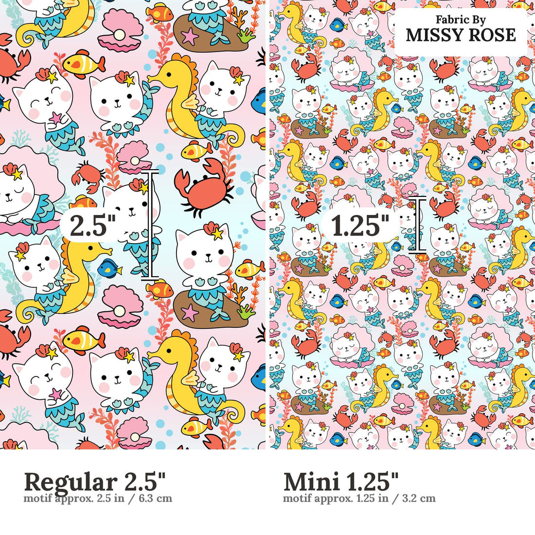 Design 1163 Cute Mermaid Fabric Regular 2.5 inch vs Mini 1.25 inch print scale side by side | Fabric by Missy Rose