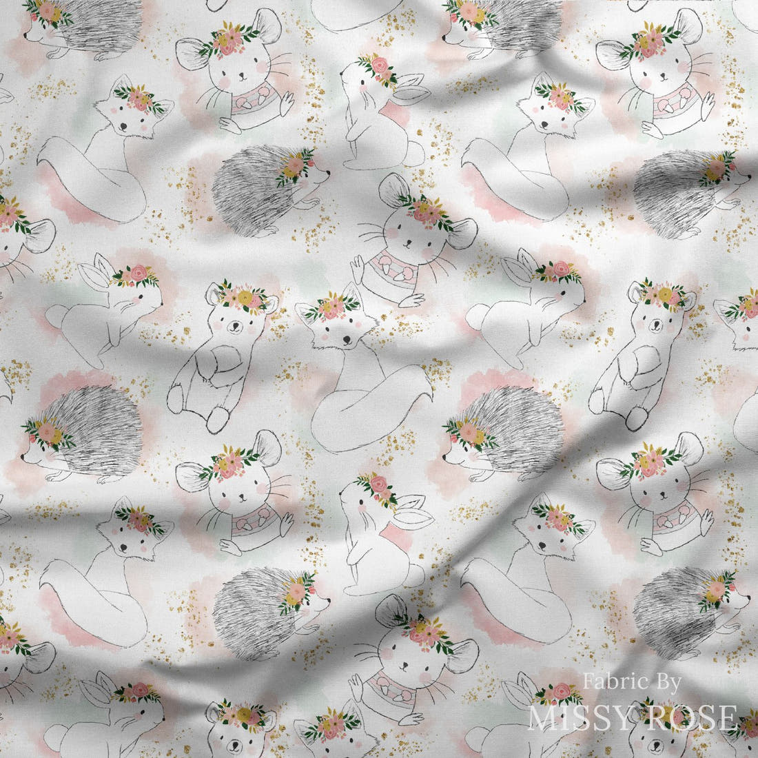 Design 1164 Sweet Woodlands Fabric draped fabric mockup – custom printed fabric by the metre | Fabric by Missy Rose