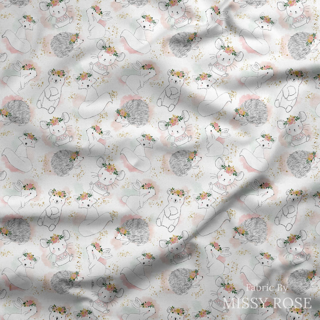 Design 1164 Sweet Woodlands Fabric draped fabric mockup – custom printed fabric by the metre | Fabric by Missy Rose