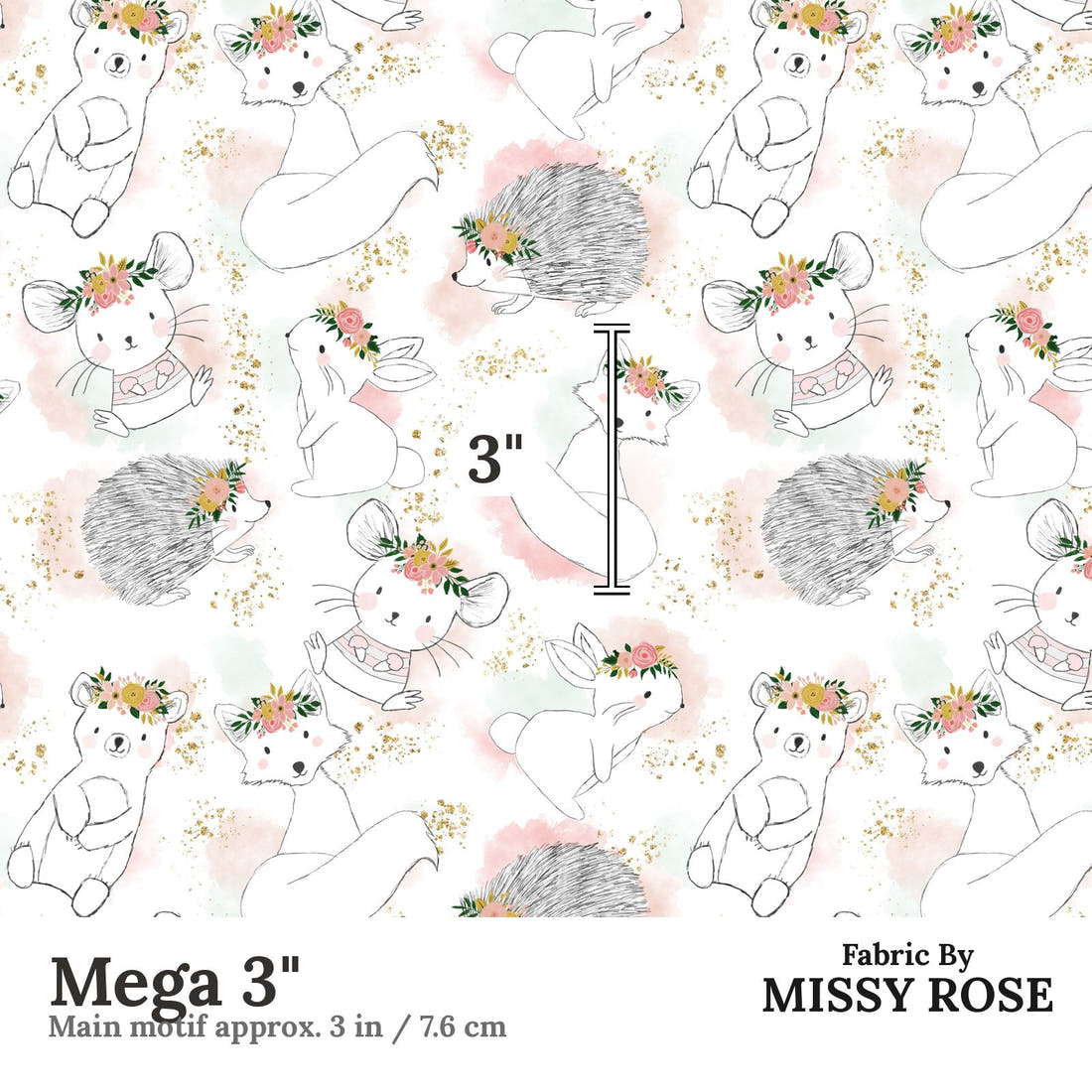 Design 1164 Sweet Woodlands Fabric Mega 3 inch print scale guide | Fabric by Missy Rose
