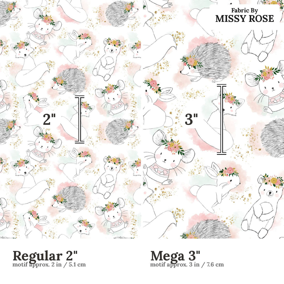 Design 1164 Sweet Woodlands Fabric Regular 2 inch vs Mega 3 inch print scale side by side | Fabric by Missy Rose