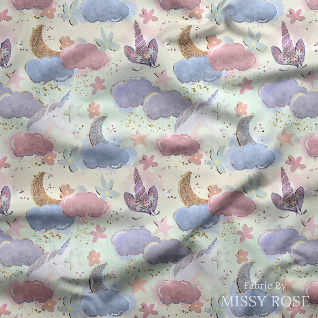 Design 1165 Dreamy Unicorns Fabric draped fabric mockup – custom printed fabric by the metre | Fabric by Missy Rose