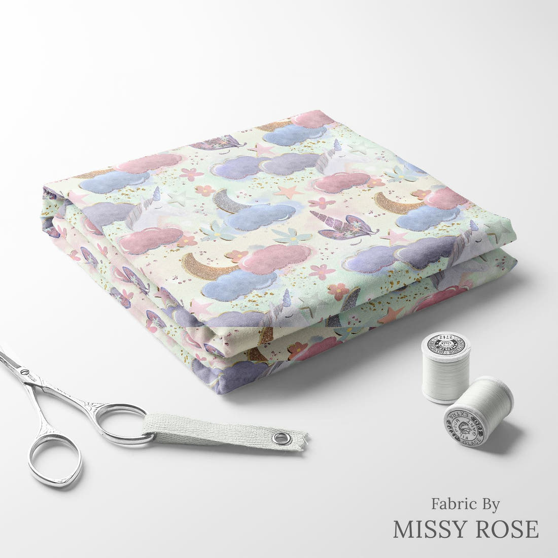 Design 1165 Dreamy Unicorns Fabric folded fabric stack with matching thread – pre-order fabric Australia | Fabric by Missy Rose