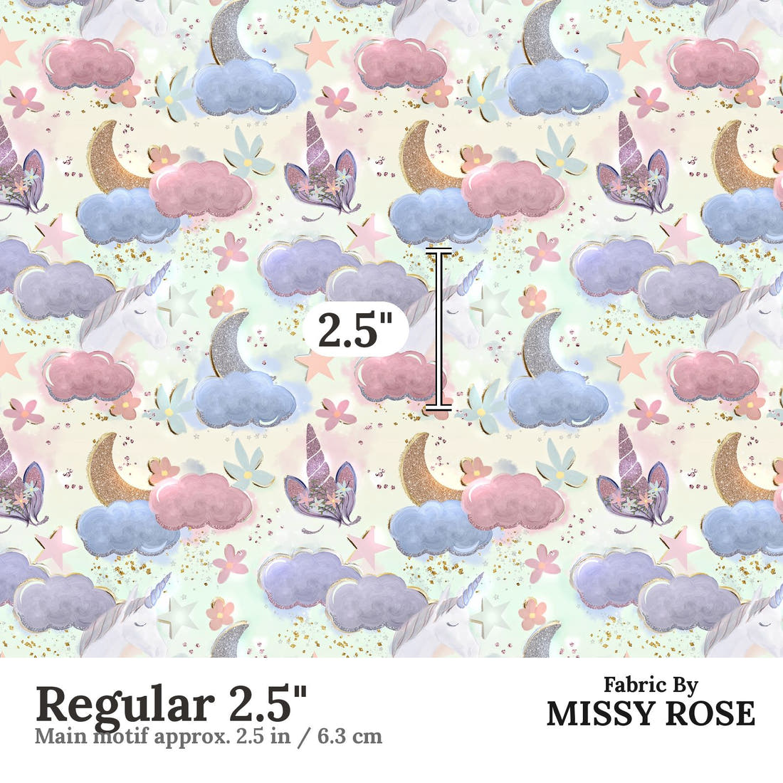 Design 1165 Dreamy Unicorns Fabric Regular 2.5 inch print scale guide | Fabric by Missy Rose
