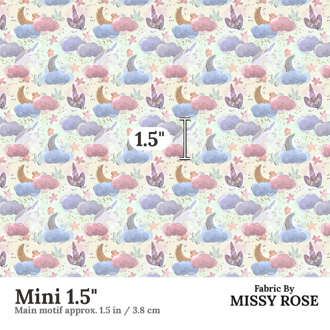 Design 1165 Dreamy Unicorns Fabric Mini 1.5 inch print scale guide | Fabric by Missy Rose