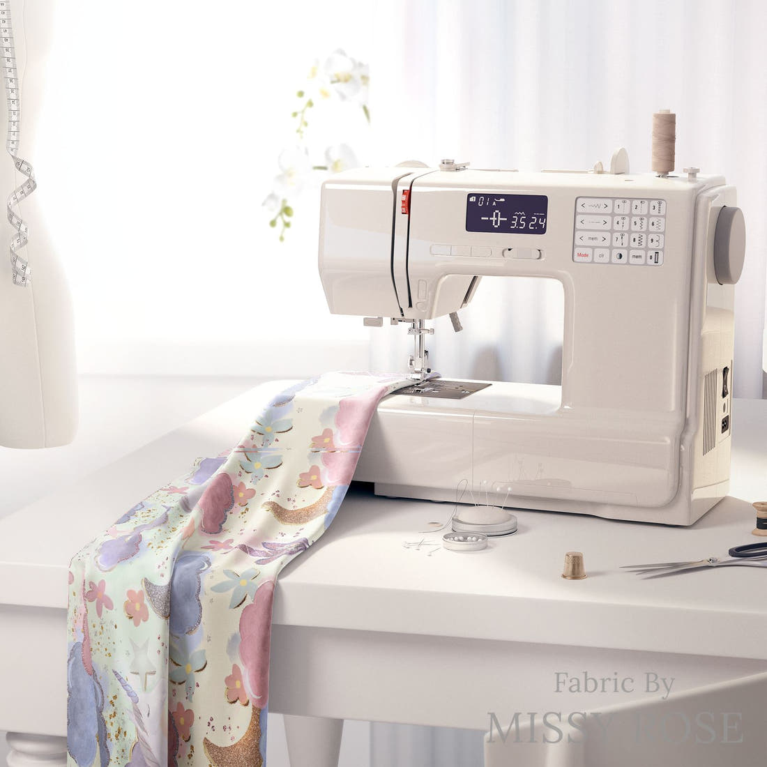Design 1165 Dreamy Unicorns Fabric on a sewing machine – premium fabric for sewing projects | Fabric by Missy Rose
