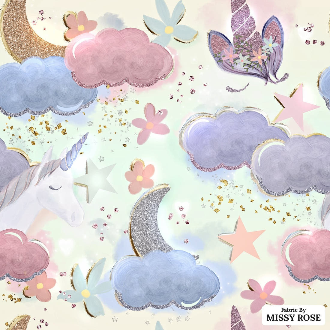 Design 1165 Dreamy Unicorns Fabric – flat view of the print, zoom in for detail | Fabric by Missy Rose