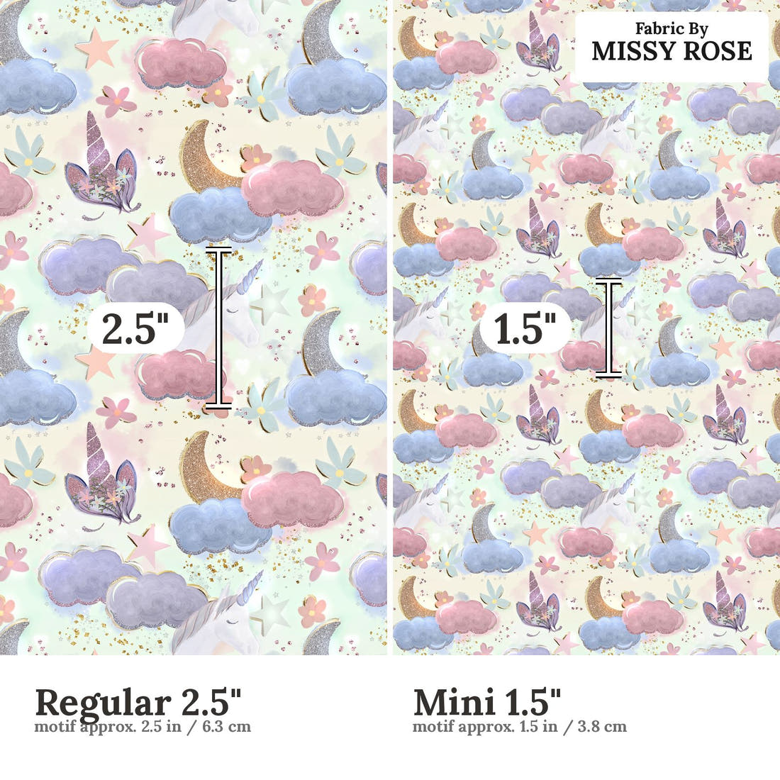 Design 1165 Dreamy Unicorns Fabric Regular 2.5 inch vs Mini 1.5 inch print scale side by side | Fabric by Missy Rose