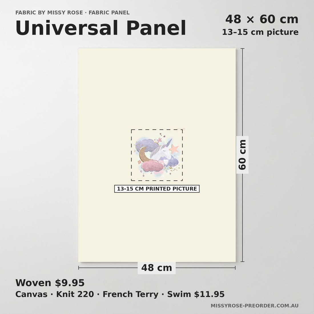 Design 1165 Dreamy Unicorns Panel universal panel sizing – 13–15 cm printed picture on 48 × 60 cm fabric | Fabric by Missy Rose
