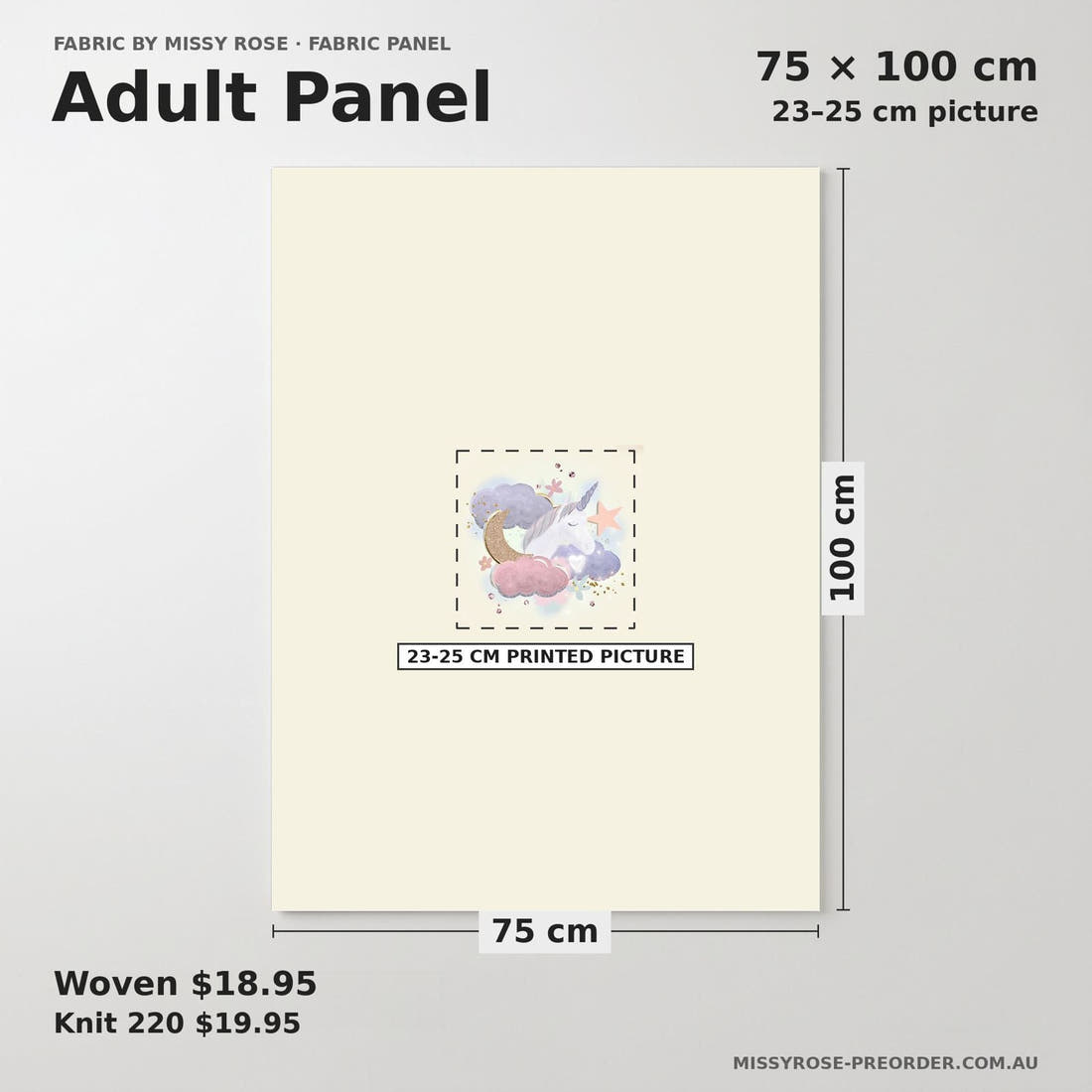 Design 1165 Dreamy Unicorns Panel adult panel sizing – 23–25 cm printed picture on 75 × 100 cm fabric | Fabric by Missy Rose