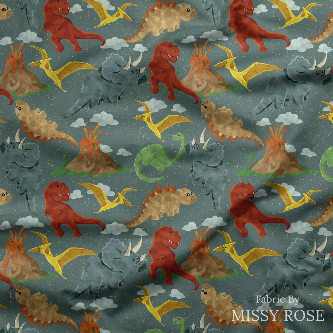 Design 1166 Green Dino Fabric draped fabric mockup – custom printed fabric by the metre | Fabric by Missy Rose