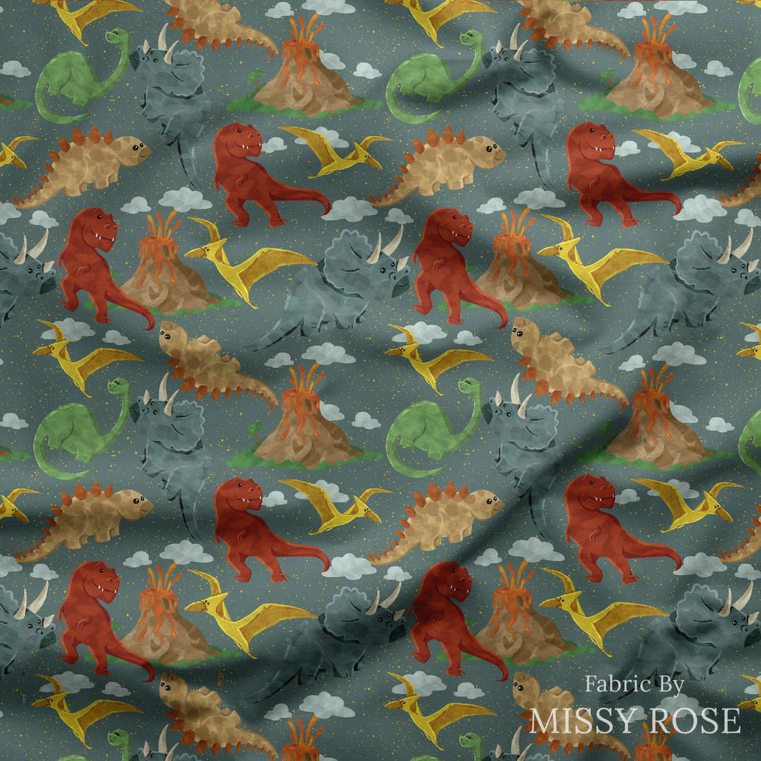 Design 1166 Green Dino Fabric draped fabric mockup – custom printed fabric by the metre | Fabric by Missy Rose
