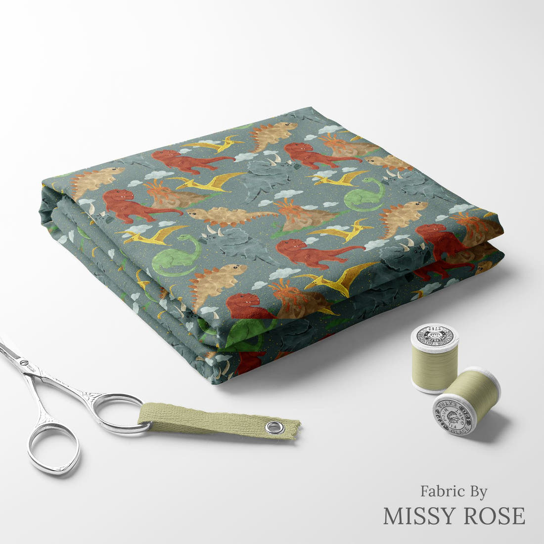 Design 1166 Green Dino Fabric folded fabric stack with matching thread – pre-order fabric Australia | Fabric by Missy Rose