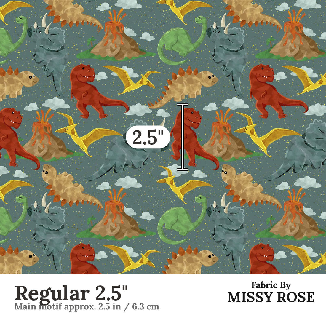 Design 1166 Green Dino Fabric Regular 2.5 inch print scale guide | Fabric by Missy Rose