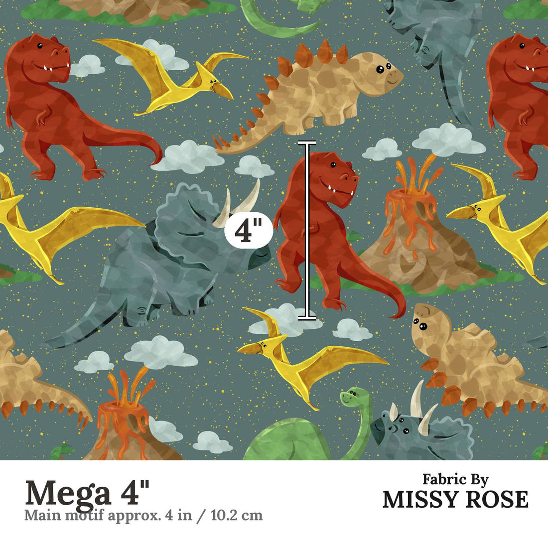 Design 1166 Green Dino Fabric Mega 4 inch print scale guide | Fabric by Missy Rose