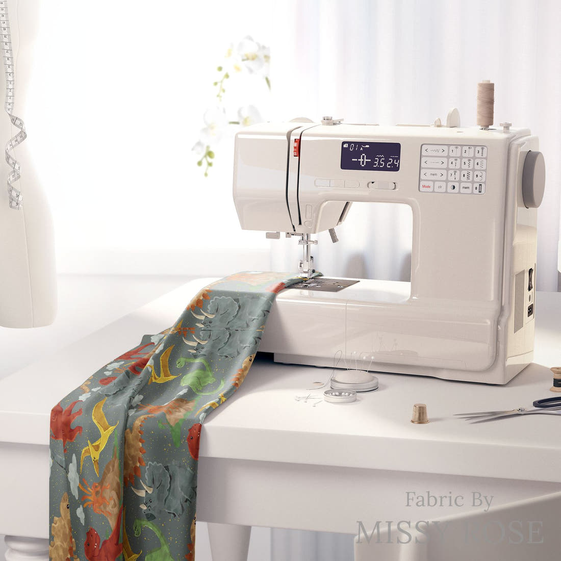 Design 1166 Green Dino Fabric on a sewing machine – premium fabric for sewing projects | Fabric by Missy Rose