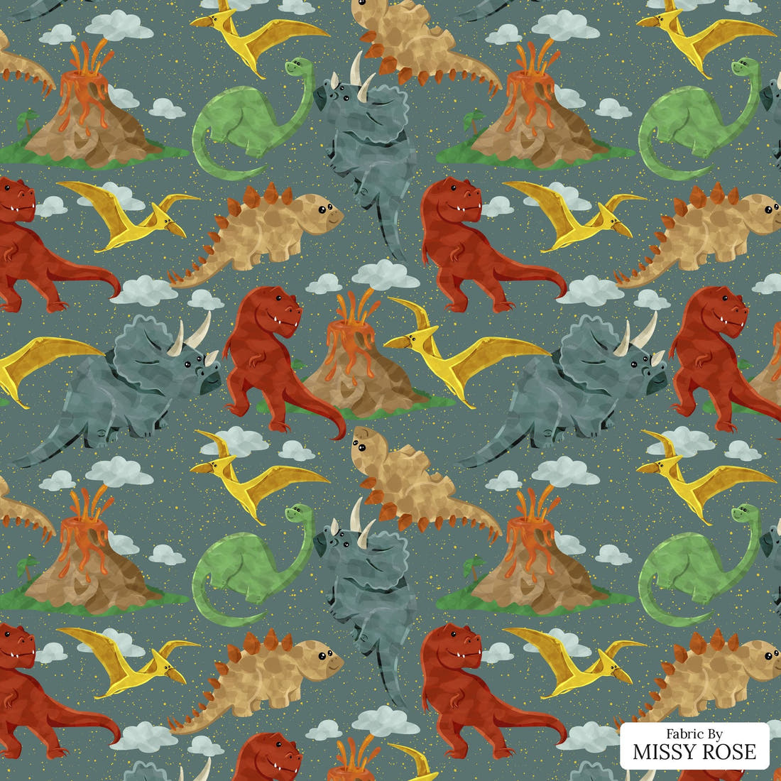 Design 1166 Green Dino Fabric – flat view of the print, zoom in for detail | Fabric by Missy Rose