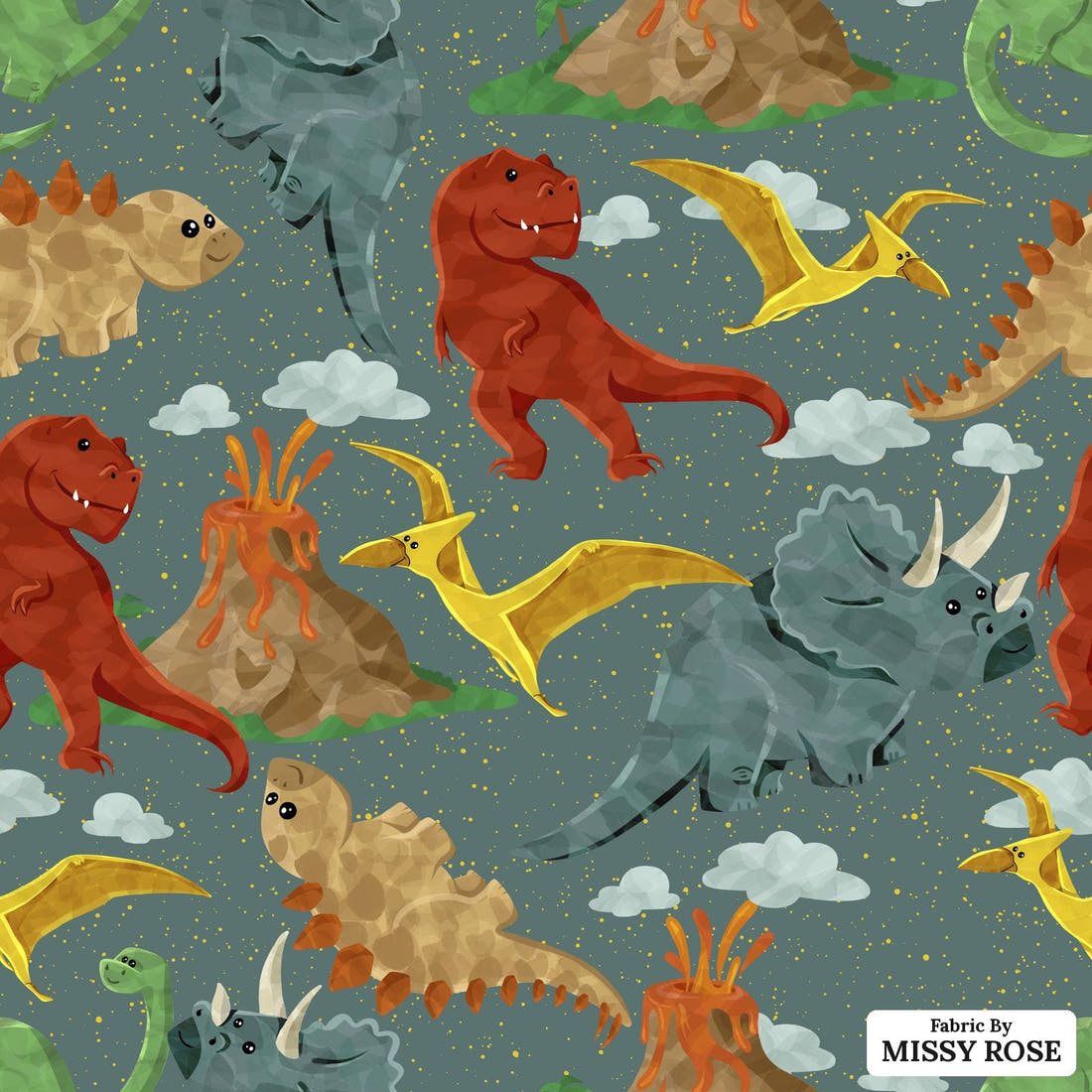 Design 1166 Green Dino Fabric – flat view of the print, zoom in for detail | Fabric by Missy Rose