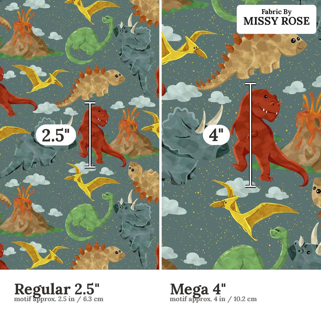 Design 1166 Green Dino Fabric Regular 2.5 inch vs Mega 4 inch print scale side by side | Fabric by Missy Rose