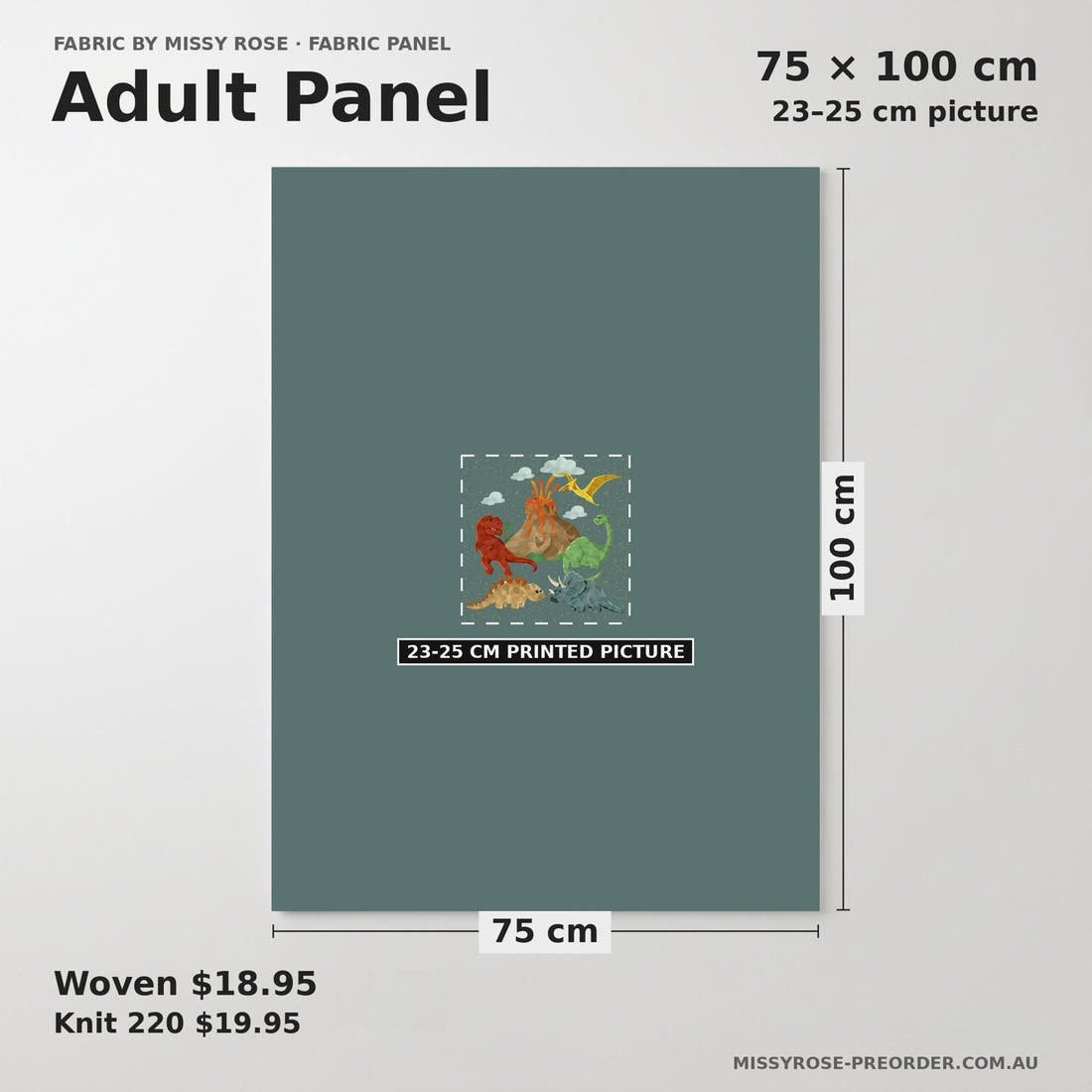 Design 1166 Green Dino Panel adult panel sizing – 23–25 cm printed picture on 75 × 100 cm fabric | Fabric by Missy Rose