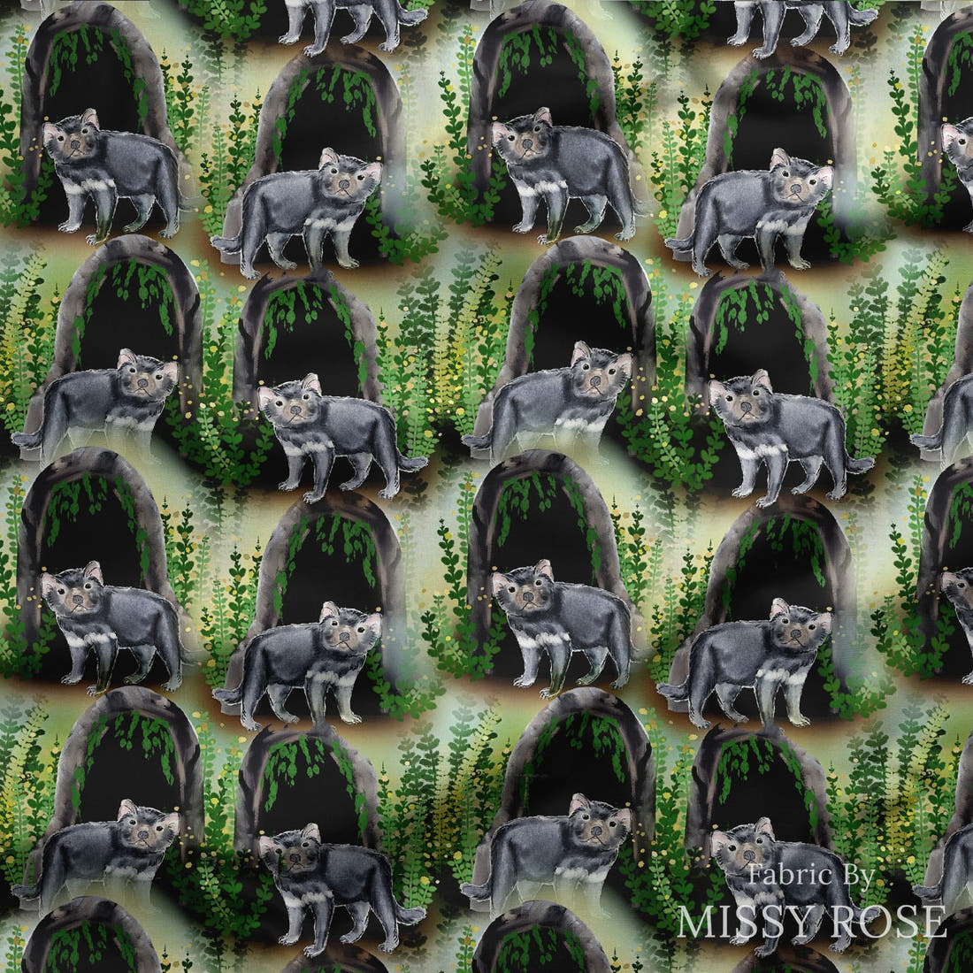 Design 1167 Tasmanian Devils Fabric draped fabric mockup – custom printed fabric by the metre | Fabric by Missy Rose