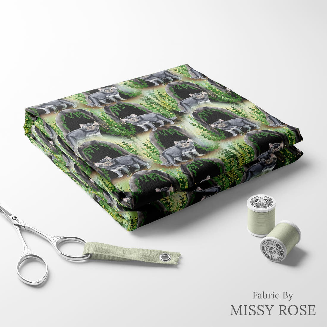 Design 1167 Tasmanian Devils Fabric folded fabric stack with matching thread – pre-order fabric Australia | Fabric by Missy Rose