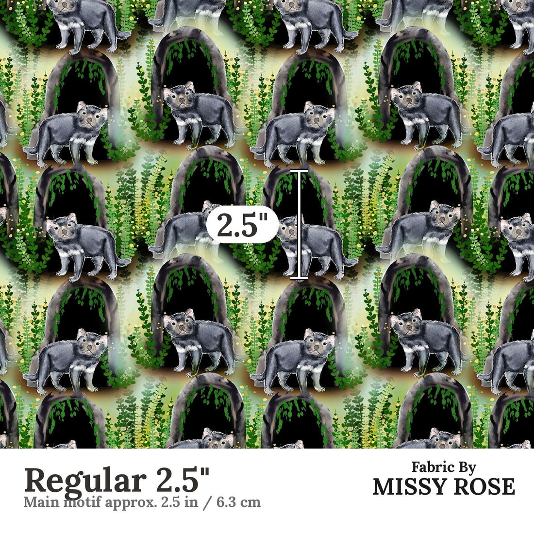 Design 1167 Tasmanian Devils Fabric Regular 2.5 inch print scale guide | Fabric by Missy Rose