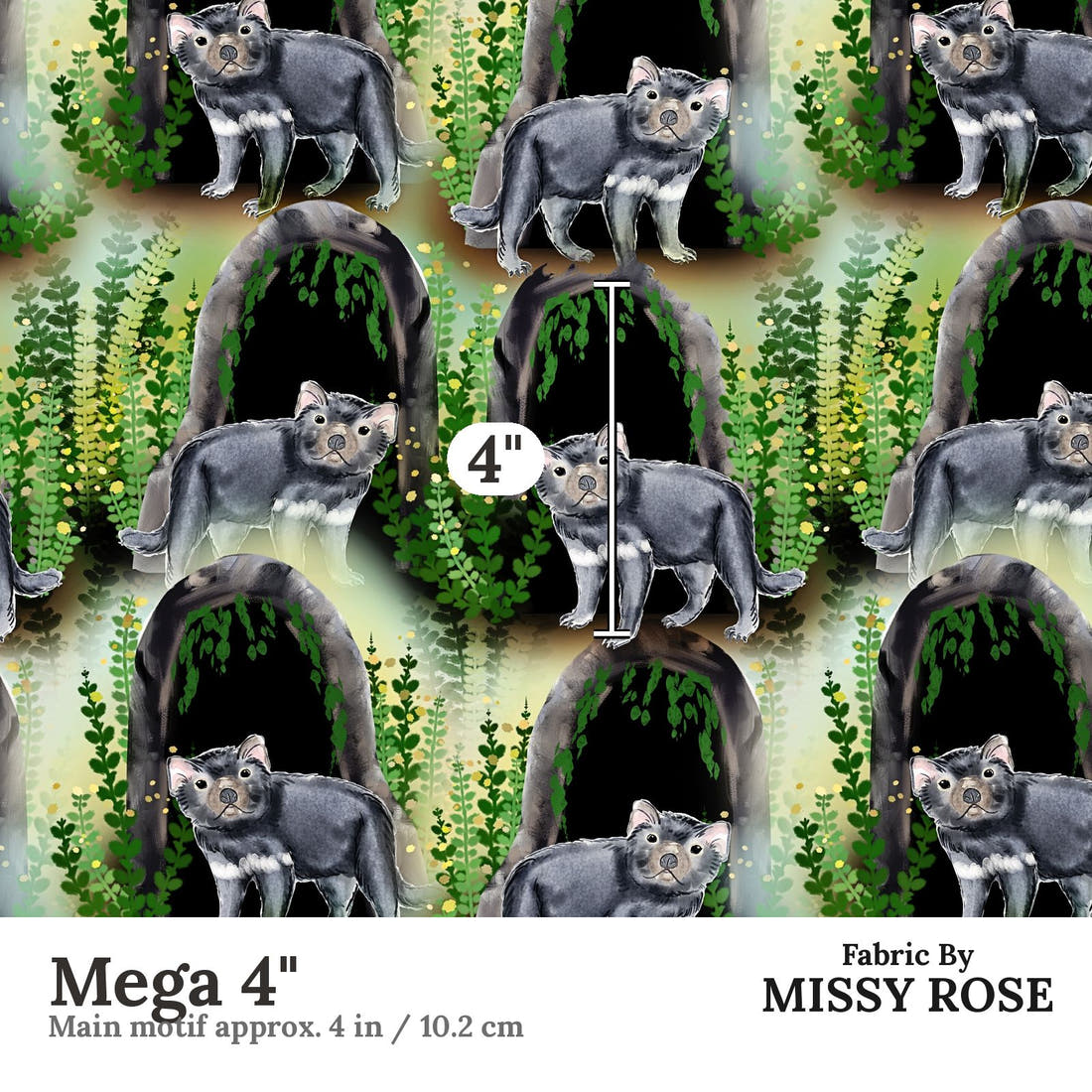 Design 1167 Tasmanian Devils Fabric Mega 4 inch print scale guide | Fabric by Missy Rose