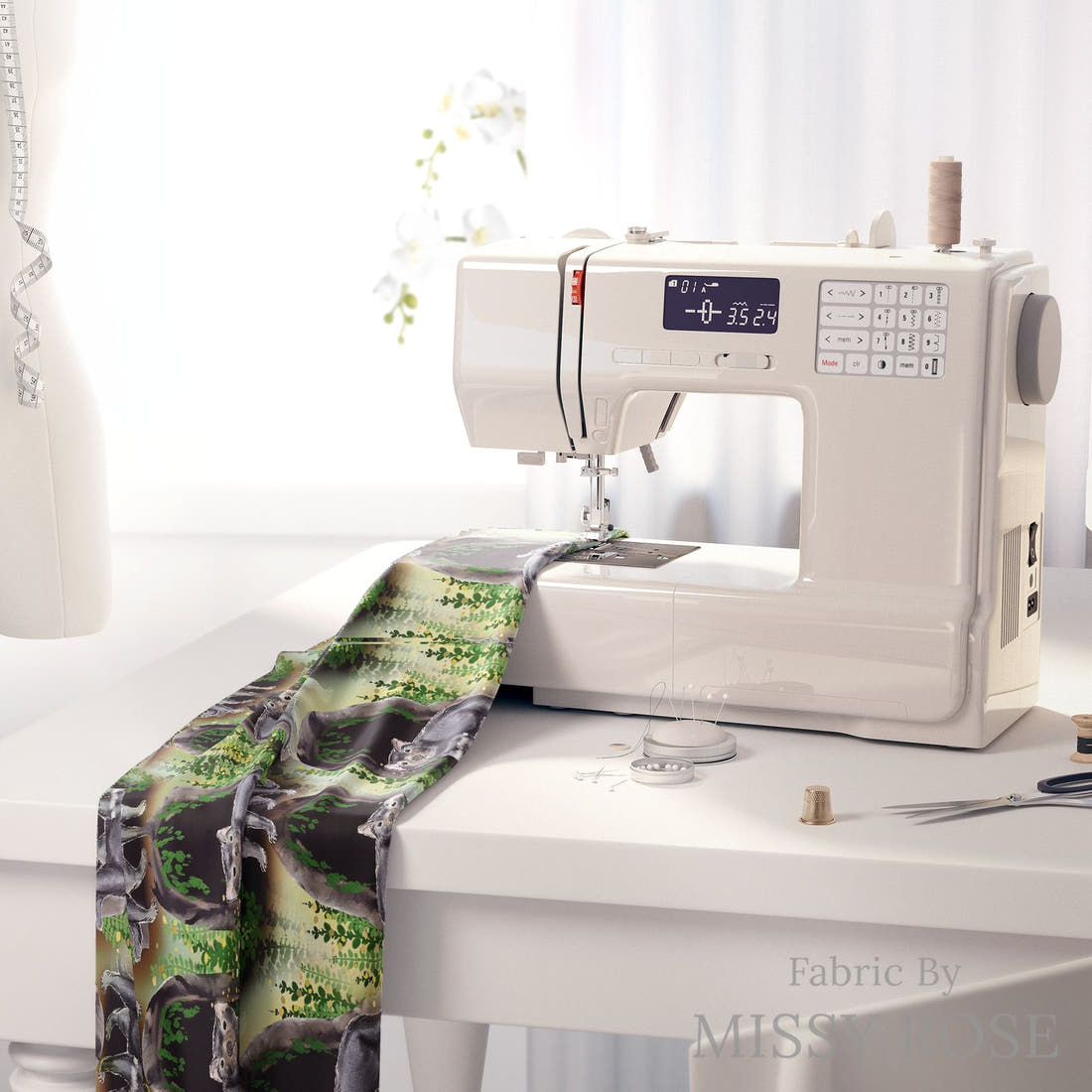 Design 1167 Tasmanian Devils Fabric on a sewing machine – premium fabric for sewing projects | Fabric by Missy Rose