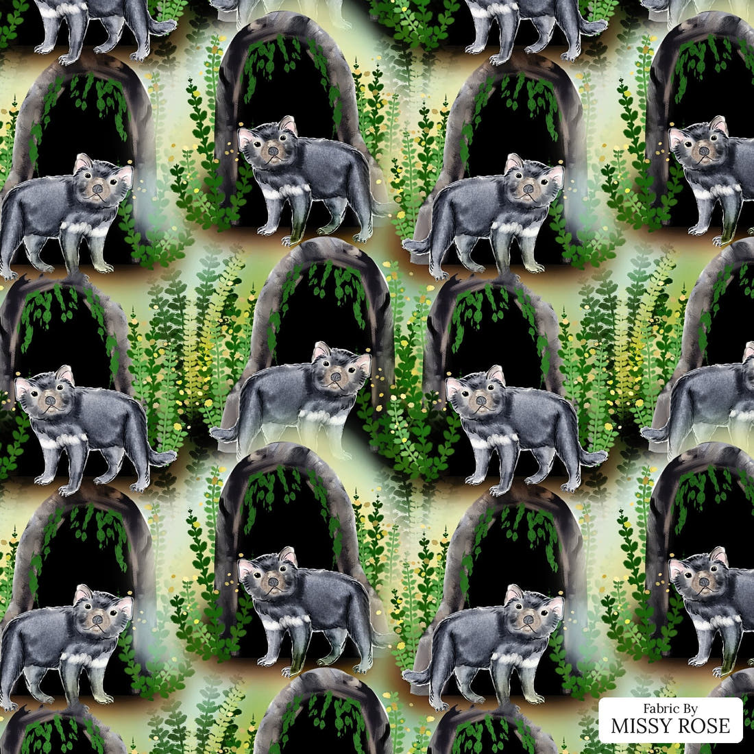Design 1167 Tasmanian Devils Fabric – flat view of the print, zoom in for detail | Fabric by Missy Rose