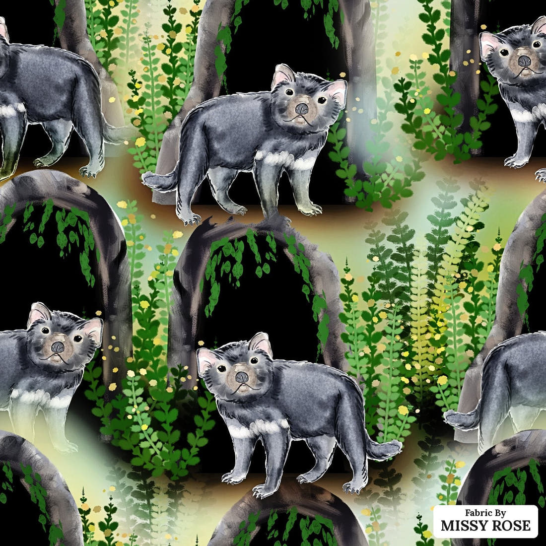 Design 1167 Tasmanian Devils Fabric – flat view of the print, zoom in for detail | Fabric by Missy Rose