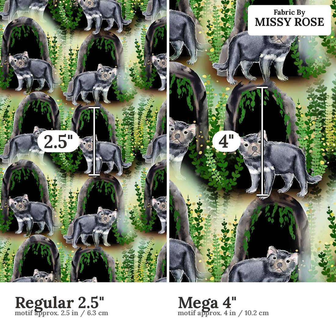 Design 1167 Tasmanian Devils Fabric Regular 2.5 inch vs Mega 4 inch print scale side by side | Fabric by Missy Rose