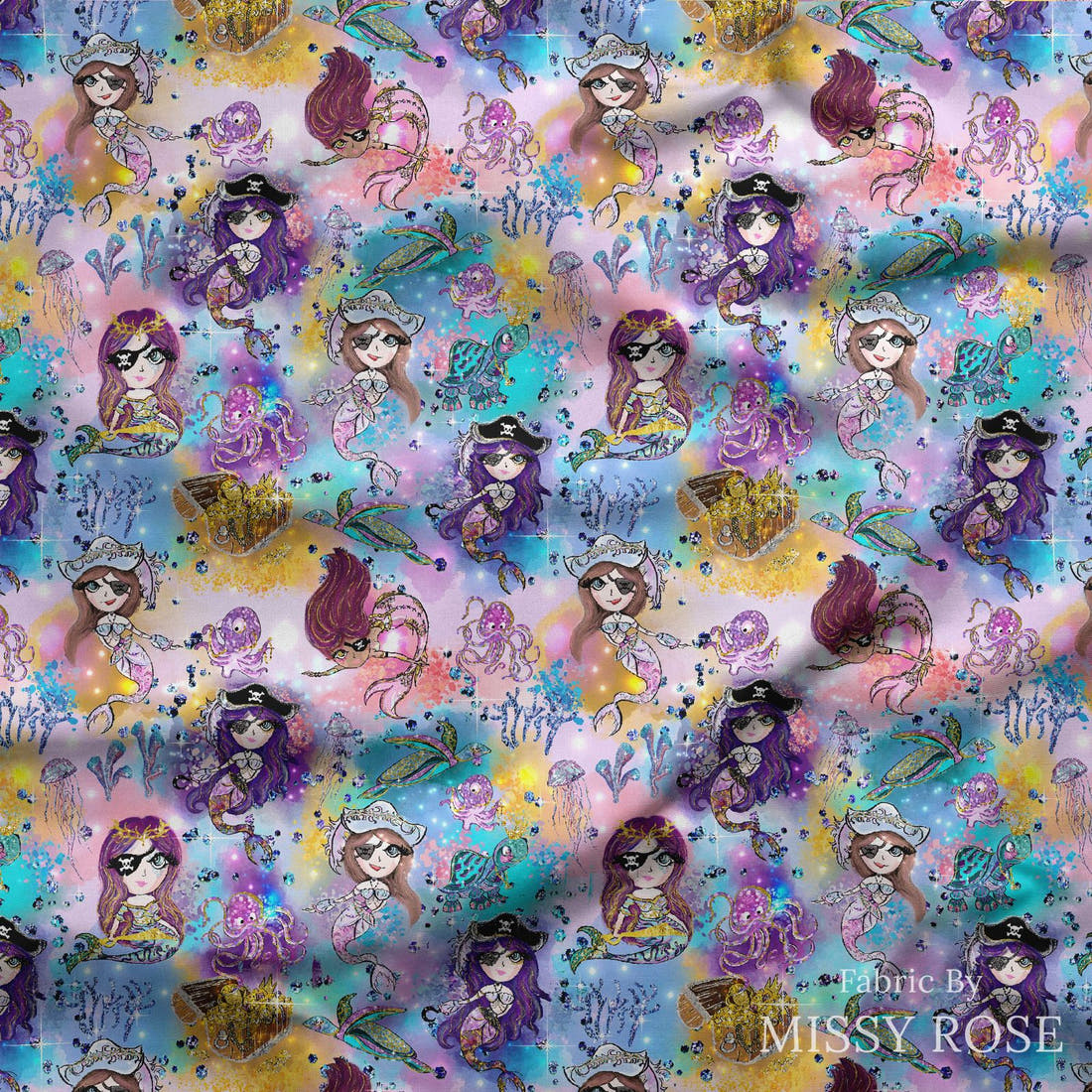 Design 1168 Pirate Mermaid Fabric draped fabric mockup – custom printed fabric by the metre | Fabric by Missy Rose