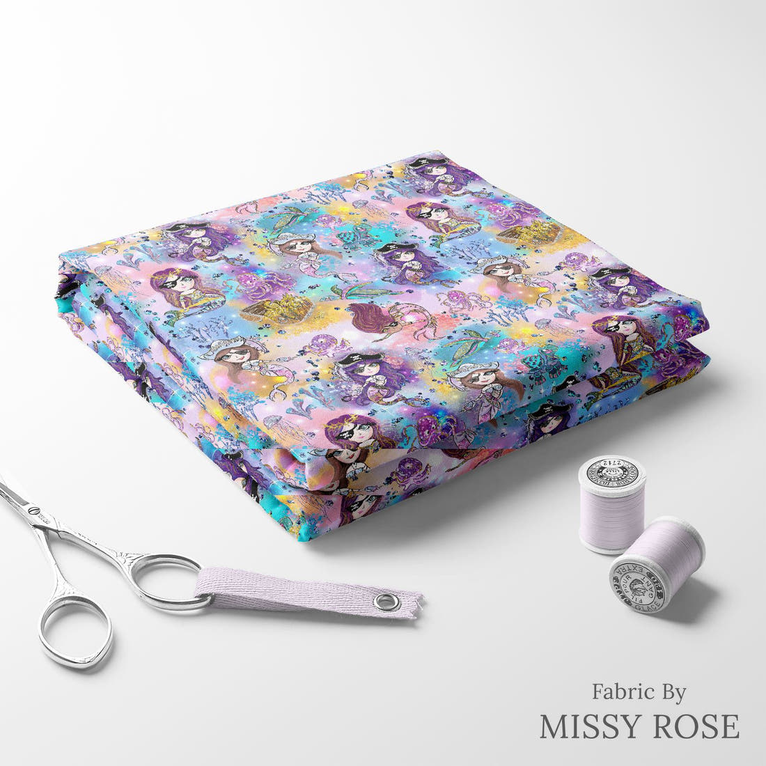 Design 1168 Pirate Mermaid Fabric folded fabric stack with matching thread – pre-order fabric Australia | Fabric by Missy Rose