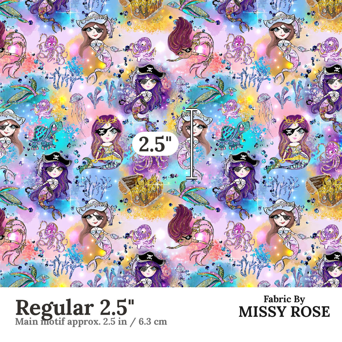 Design 1168 Pirate Mermaid Fabric Regular 2.5 inch print scale guide | Fabric by Missy Rose