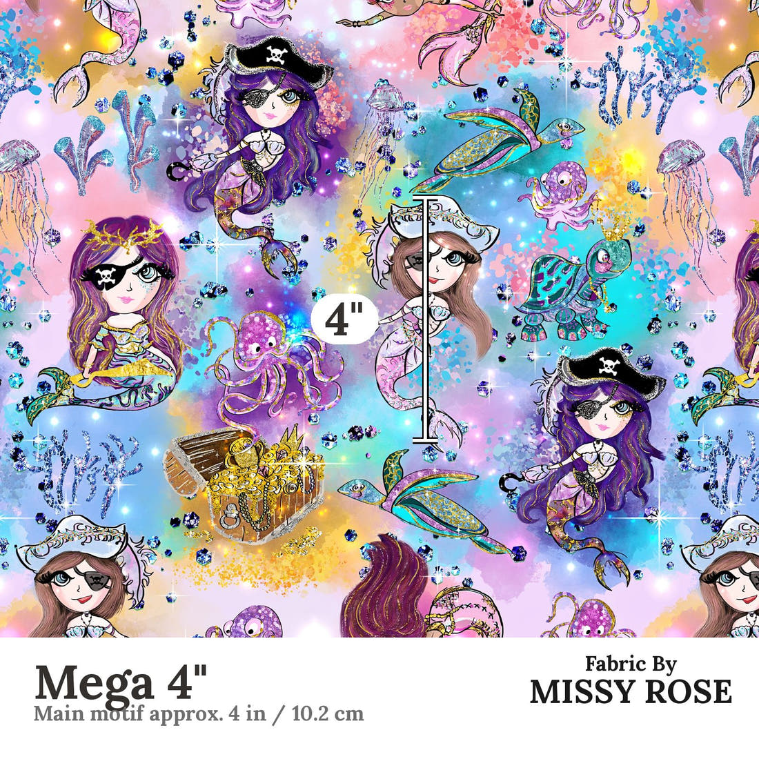Design 1168 Pirate Mermaid Fabric Mega 4 inch print scale guide | Fabric by Missy Rose