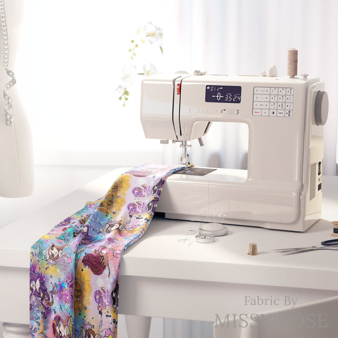Design 1168 Pirate Mermaid Fabric on a sewing machine – premium fabric for sewing projects | Fabric by Missy Rose