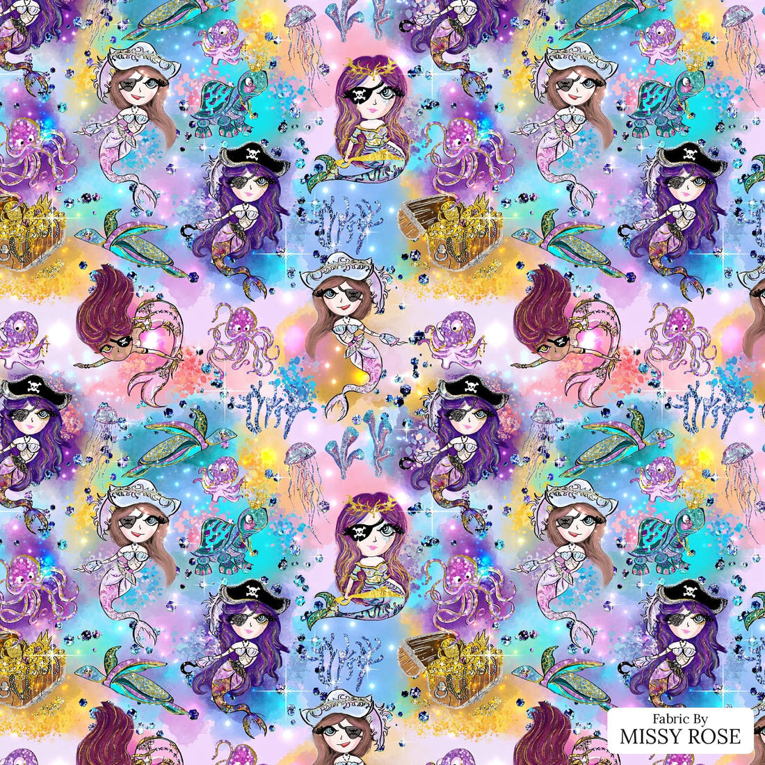 Design 1168 Pirate Mermaid Fabric – flat view of the print, zoom in for detail | Fabric by Missy Rose