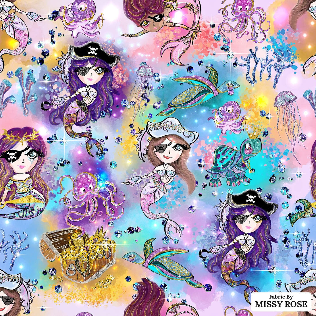 Design 1168 Pirate Mermaid Fabric – flat view of the print, zoom in for detail | Fabric by Missy Rose