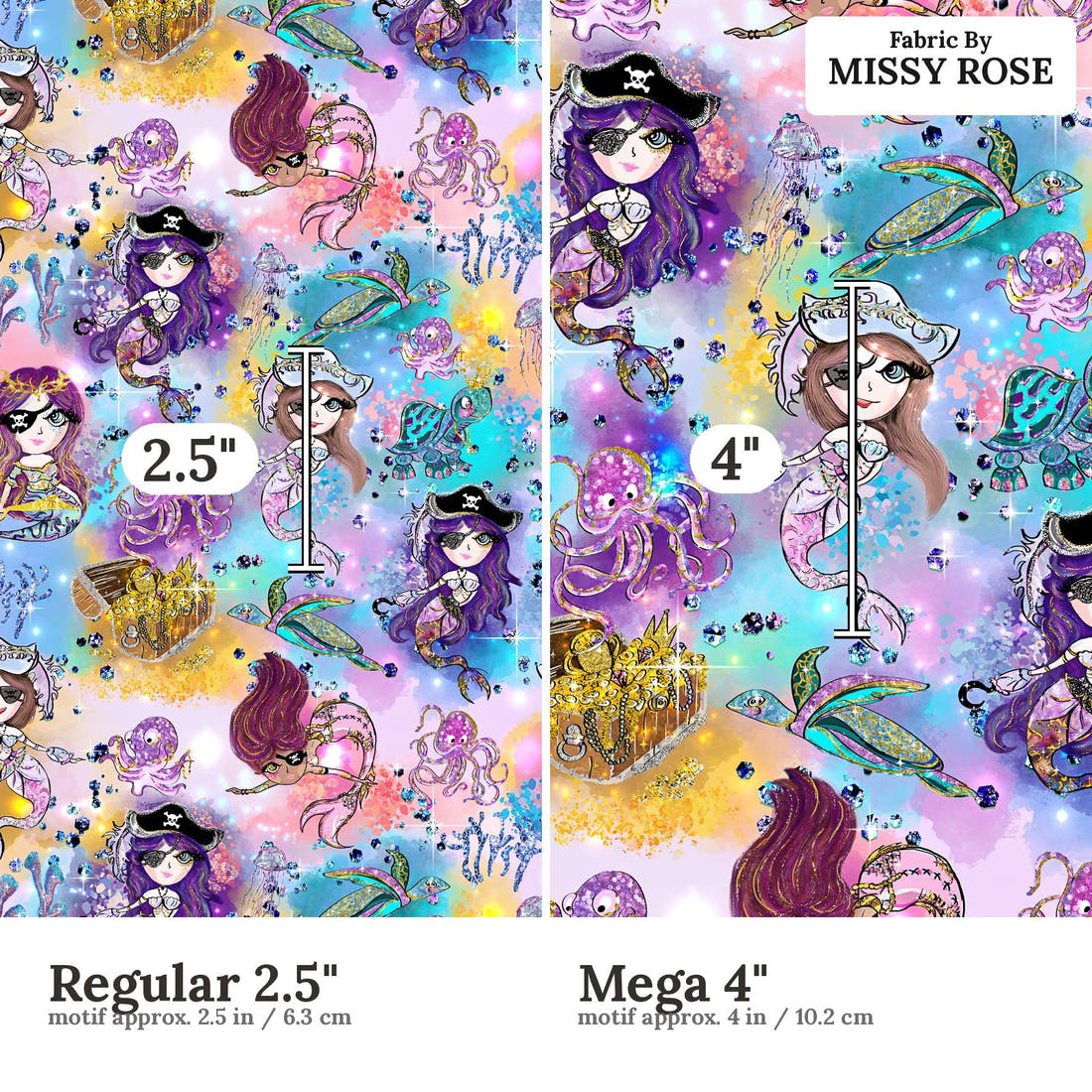 Design 1168 Pirate Mermaid Fabric Regular 2.5 inch vs Mega 4 inch print scale side by side | Fabric by Missy Rose