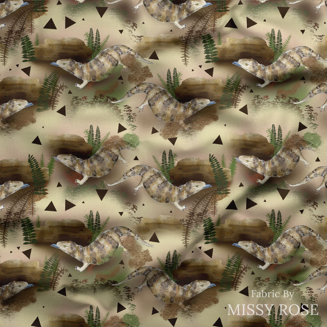 Design 1169 Blue Tongue Fabric draped fabric mockup – custom printed fabric by the metre | Fabric by Missy Rose