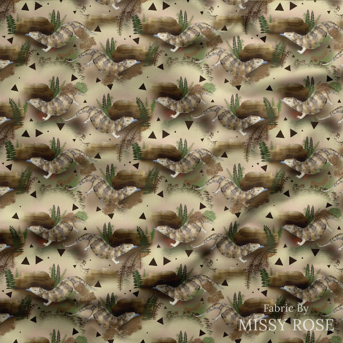 Design 1169 Blue Tongue Fabric draped fabric mockup – custom printed fabric by the metre | Fabric by Missy Rose
