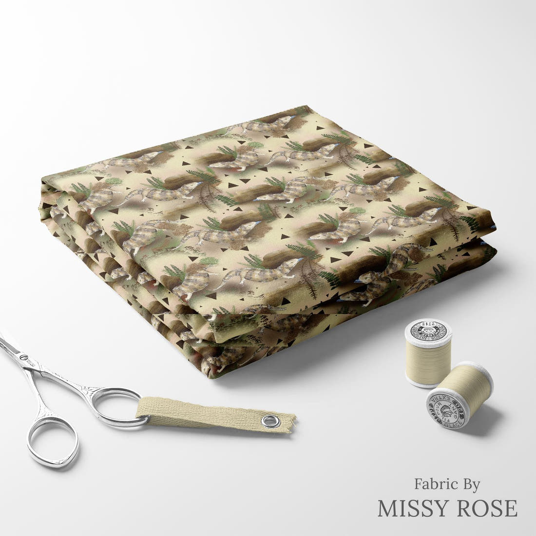 Design 1169 Blue Tongue Fabric folded fabric stack with matching thread – pre-order fabric Australia | Fabric by Missy Rose