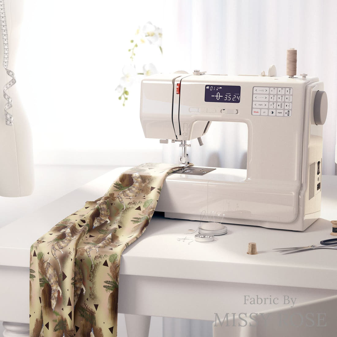 Design 1169 Blue Tongue Fabric on a sewing machine – premium fabric for sewing projects | Fabric by Missy Rose