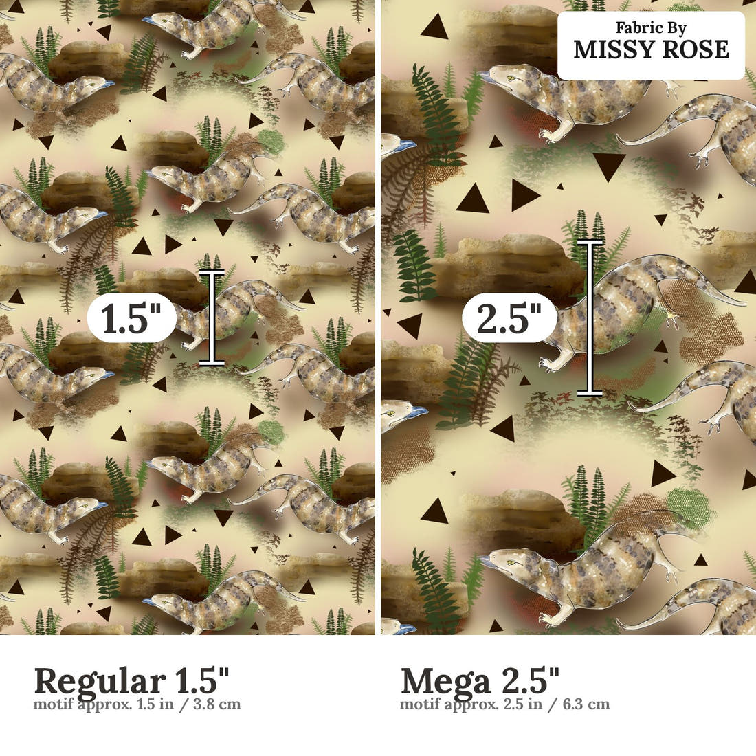 Design 1169 Blue Tongue Fabric Regular 1.5 inch vs Mega 2.5 inch print scale side by side | Fabric by Missy Rose